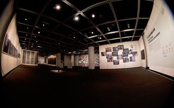 Exhibition Hall with various exhibits under  the fish eye